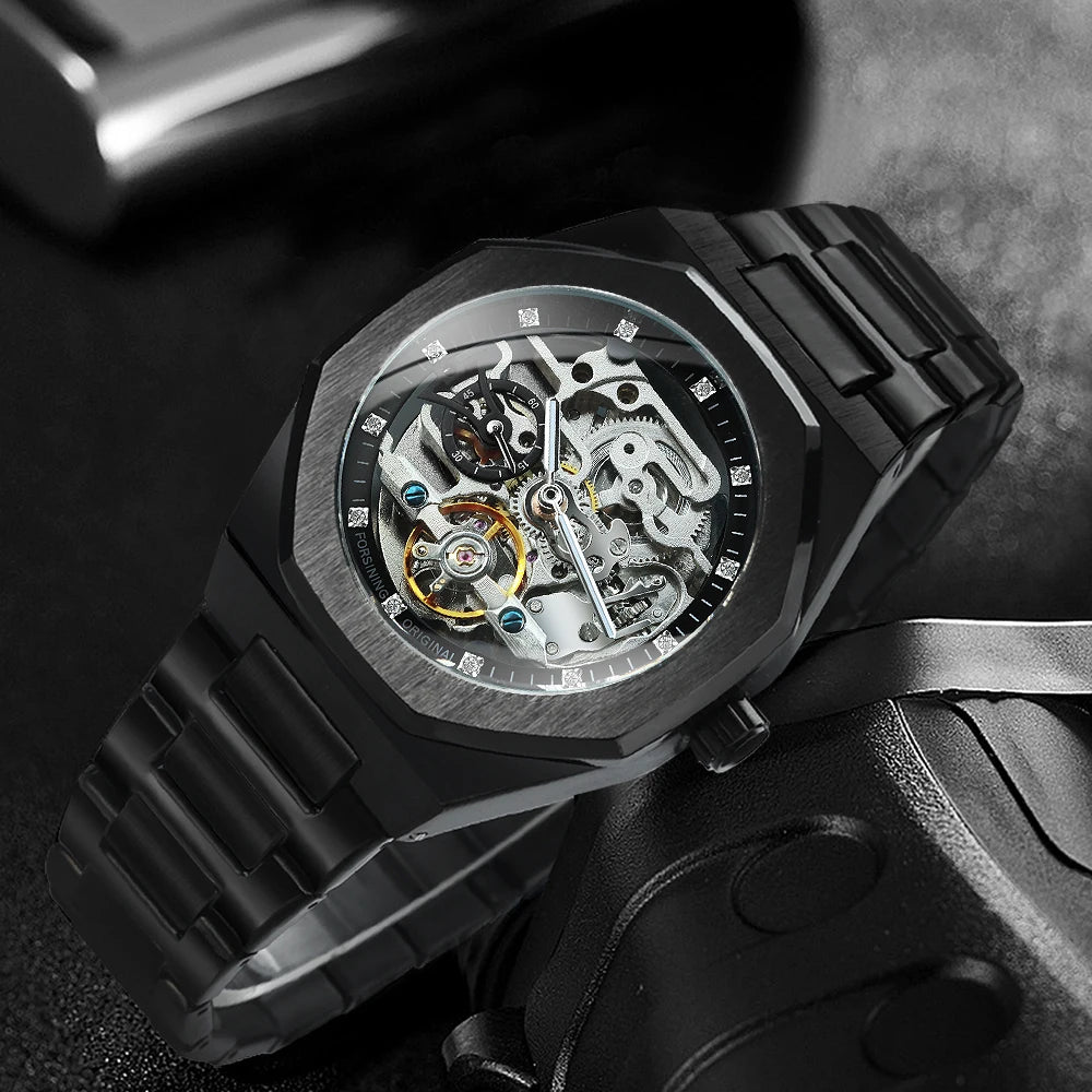 Silver Automatic Watch Men 3D Diamond Dial Irregular Tourbillon Skeleton Mechanical Wristwatches Luminous Hands Clock