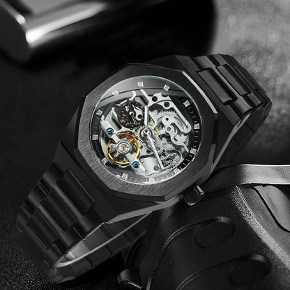 Silver Automatic Watch Men 3D Diamond Dial Irregular Tourbillon Skeleton Mechanical Wristwatches Luminous Hands Clock