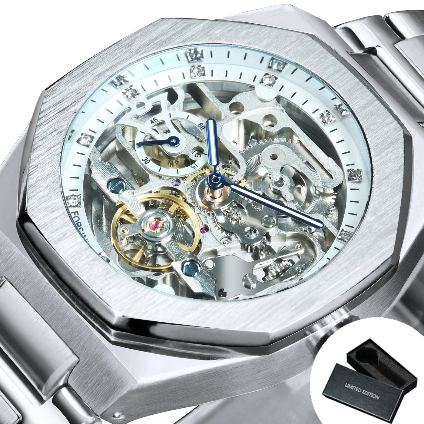 Silver Automatic Watch Men 3D Diamond Dial Irregular Tourbillon Skeleton Mechanical Wristwatches Luminous Hands Clock