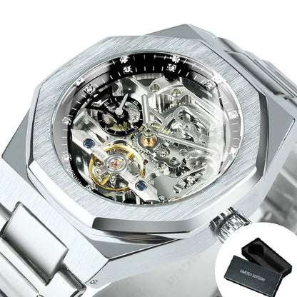 Silver Automatic Watch Men 3D Diamond Dial Irregular Tourbillon Skeleton Mechanical Wristwatches Luminous Hands Clock