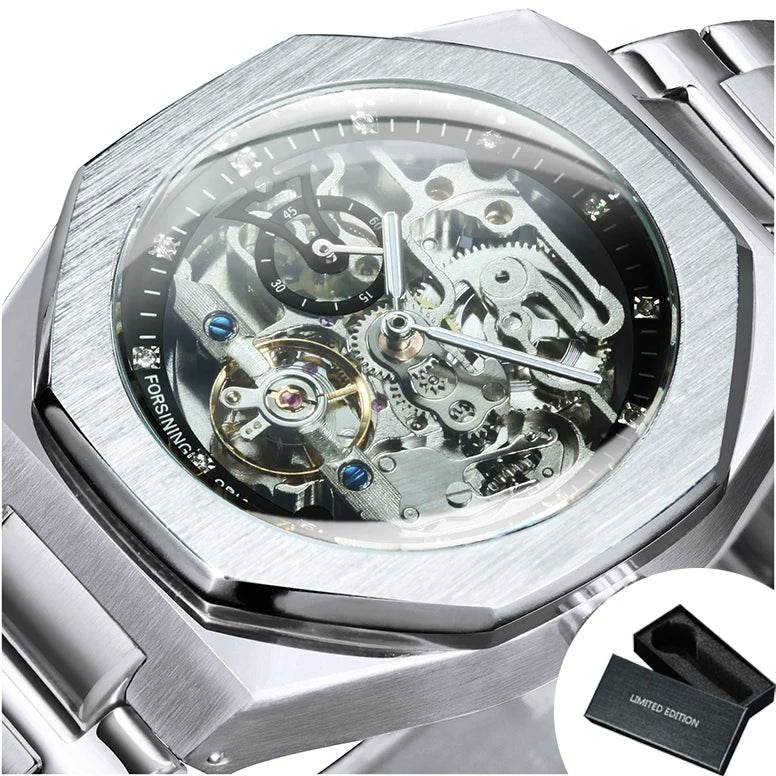 Silver Automatic Watch Men 3D Diamond Dial Irregular Tourbillon Skeleton Mechanical Wristwatches Luminous Hands Clock