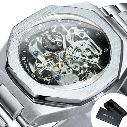 Silver Automatic Watch Men 3D Diamond Dial Irregular Tourbillon Skeleton Mechanical Wristwatches Luminous Hands Clock