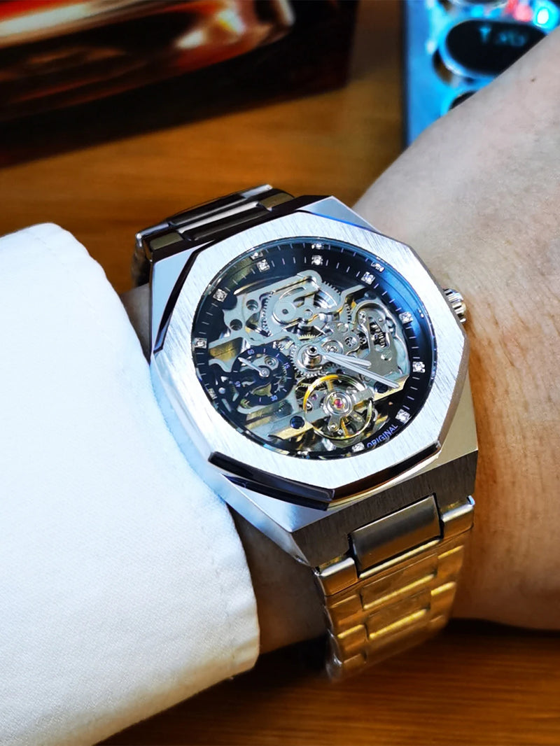 Silver Automatic Watch Men 3D Diamond Dial Irregular Tourbillon Skeleton Mechanical Wristwatches Luminous Hands Clock detail view